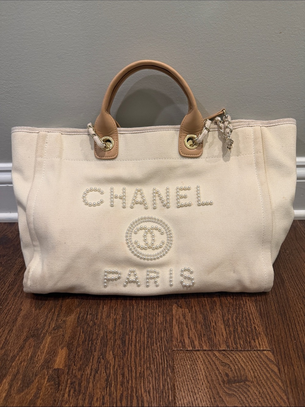 Cream Canvas Tote Bag with Tan Handles